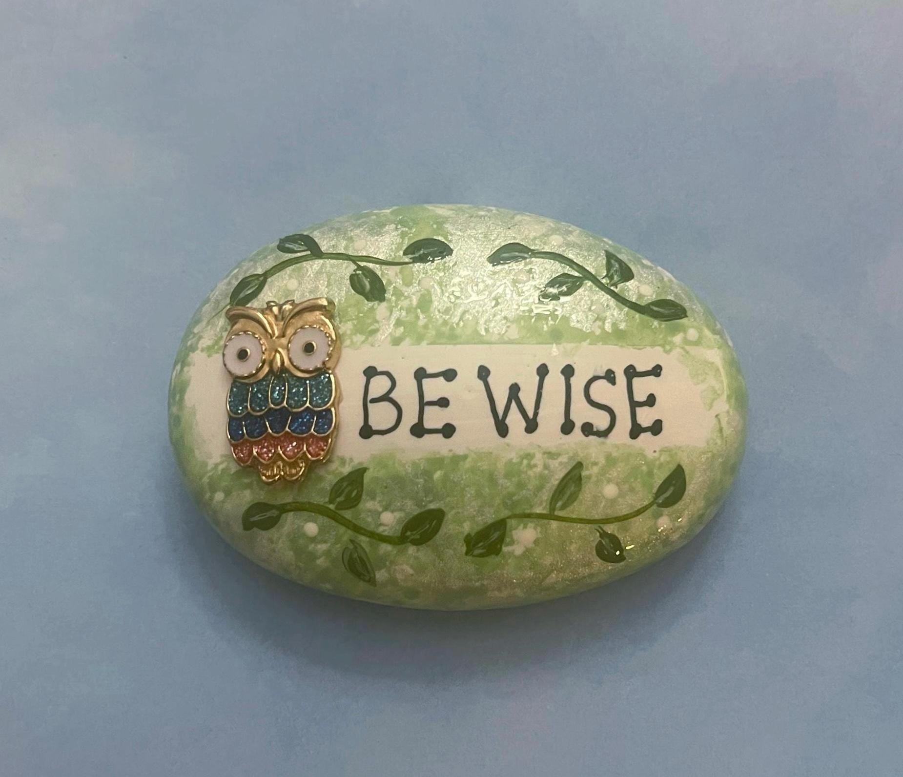 Painted Rock, Owl, Be Wise, Owl Charm, Tiered Tray Decor