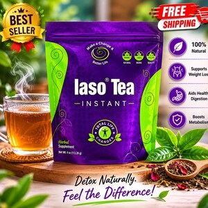 May include: A purple and green pouch of Iaso Tea Instant herbal supplement with a net weight of 113.39 g. The packaging features the text Make a Change & Better Life, Total Life Changes, and lists benefits including natural ingredients and digestion support.
