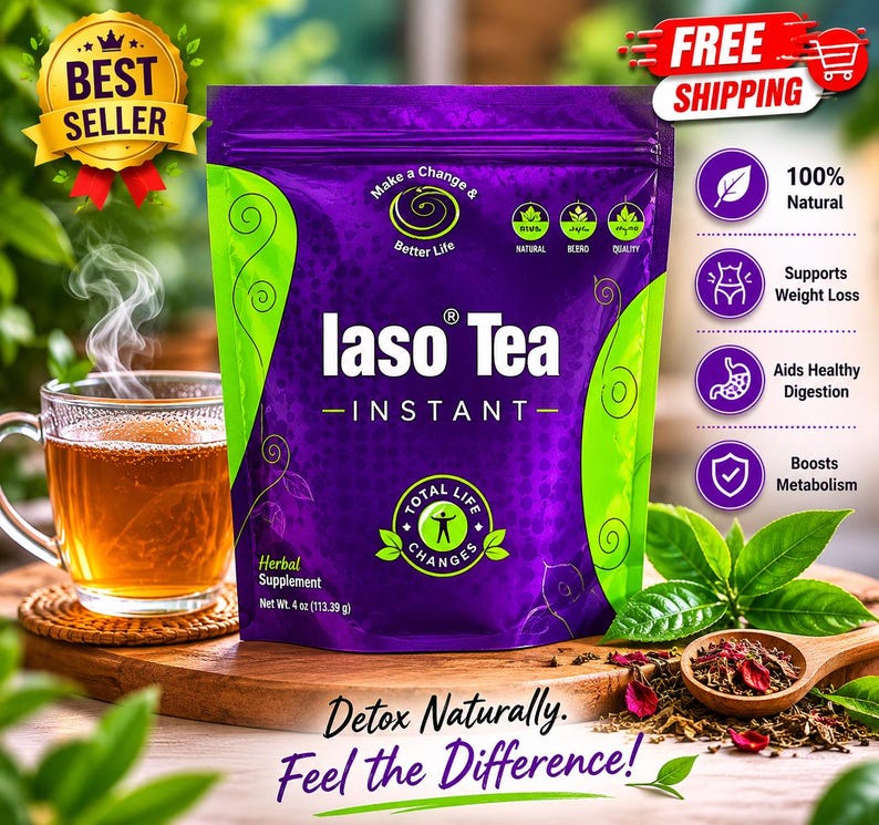 May include: A purple and green pouch of Iaso Tea Instant herbal supplement with a net weight of 113.39 g. The packaging features the text Make a Change & Better Life, Total Life Changes, and lists benefits including natural ingredients and digestion support.