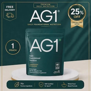 May include: A dark teal pouch of AG1 Daily Foundational Nutrition. The pouch has the AG1 logo in white, along with text indicating it is a 30-day supply of whole food dietary supplement. The image also includes a 25% off limited time offer.