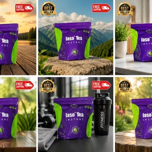 May include: A purple and green pouch of Iaso Tea Instant with white text on the front. The packaging features a circular logo with a green leaf graphic. The pouch is displayed in various settings including outdoor landscapes and kitchen counters.