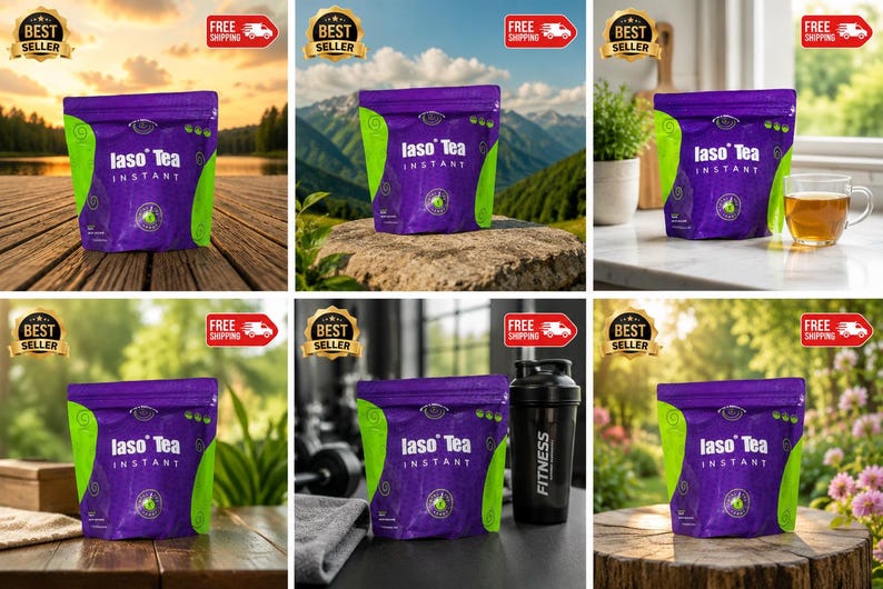 May include: A purple and green pouch of Iaso Tea Instant with white text on the front. The packaging features a circular logo with a green leaf graphic. The pouch is displayed in various settings including outdoor landscapes and kitchen counters.