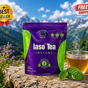May include: A purple and green pouch of Iaso Tea Instant herbal supplement with a net weight of 113.39 g. The packaging features the text Iaso Tea, Instant, and Total Life Changes, accompanied by a glass cup of tea and two green leaves.