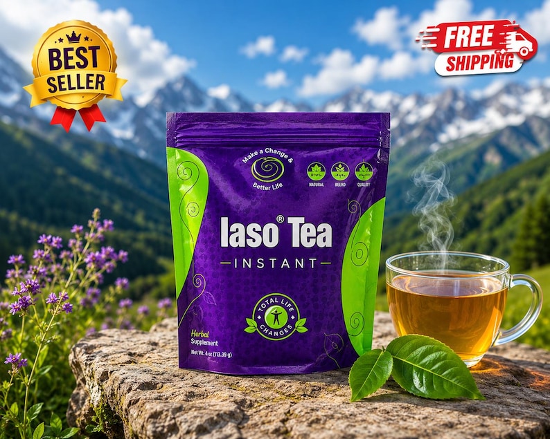 May include: A purple and green pouch of Iaso Tea Instant herbal supplement with a net weight of 113.39 g. The packaging features the text Iaso Tea, Instant, and Total Life Changes, accompanied by a glass cup of tea and two green leaves.