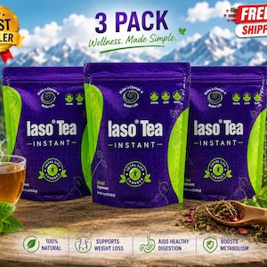 May include: Three purple and green pouches of Iaso Tea Instant herbal supplement. Each pouch features the text Iaso Tea Instant, Total Life Changes, and Make a Change & Better Life. A glass cup of tea and a wooden spoon with loose tea leaves are present.