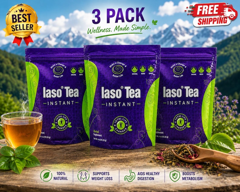 May include: Three purple and green pouches of Iaso Tea Instant herbal supplement. Each pouch features the text Iaso Tea Instant, Total Life Changes, and Make a Change & Better Life. A glass cup of tea and a wooden spoon with loose tea leaves are present.