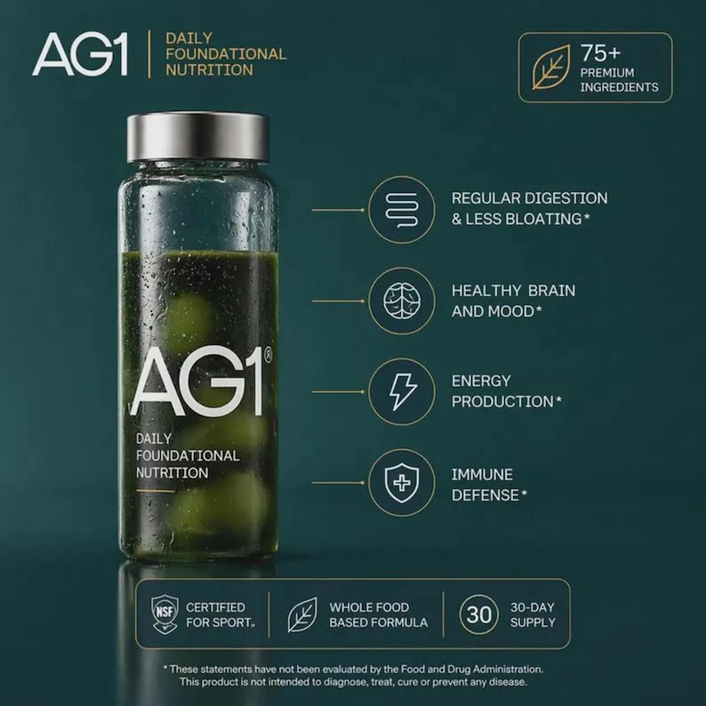 May include: A glass bottle containing green liquid, labelled "AG1 Daily Foundational Nutrition." The image features text detailing benefits such as regular digestion, healthy brain, energy production, and immune defence. It also states "75+ Premium Ingredients."