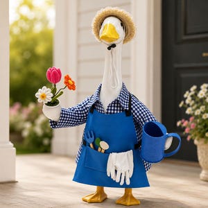 May include: A decorative goose figurine dressed as a gardener. The goose wears a straw hat, blue gingham shirt, and a blue apron with gardening tools. It holds a small pot of flowers and a blue watering can. The goose has yellow feet and a white neck.
