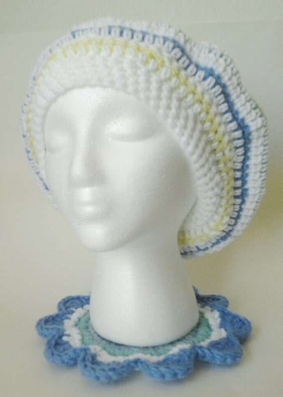 Items similar to Crochet Oversized White Striped Slouchy Beret/Hat on Etsy