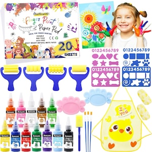 May include: A children's finger paint set with a variety of colorful paints, rollers, stencils, brushes, and an apron. The set includes a pad of 20 sheets of heavy-weight, natural white paper, measuring 8.3 x 11 inches.