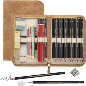 May include: A brown pencil case with a zip, containing a selection of drawing pencils, erasers, and a sharpener. The black pencils have silver text indicating hardness grades. A pencil is shown with a drawing. The case is made of leatherette.