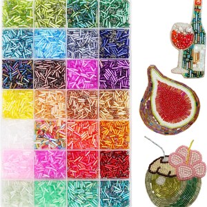 May include: A clear plastic organizer filled with various colors of small glass beads. The beads are in shades of green, blue, purple, yellow, orange, pink, and red. Also shown are beaded fig, wine bottle and glass, and coconut designs.