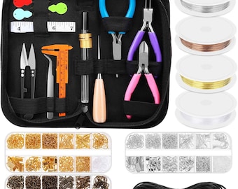 May include: A black zippered jewelry-making kit with various tools, including pliers, scissors, and a measuring caliper. The kit also includes spools of wire, clasps, jump rings, and black cord, perfect for crafting. The kit is designed for jewelry making.