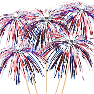 Può includere: Un gruppo di decorazioni per fuochi d'artificio con frange metalliche rosse, bianche e blu. Ogni decorazione ha un centro argentato e un bastoncino di legno. Le decorazioni festive sono su sfondo bianco.