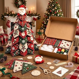 May include: A DIY Christmas tree craft kit featuring a fabric-covered tree with red, green, and cream patterns, a Santa topper, pre-cut fabric triangles, stuffing, thread spools, scissors, a measuring tape, and a printed instruction card.