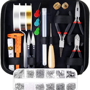 May include: A black zippered case containing jewelry-making tools and supplies. Includes pliers, scissors, wire, measuring tape, and a variety of small metal findings. A clear plastic organizer holds various sizes and shapes of metal jump rings and beads.