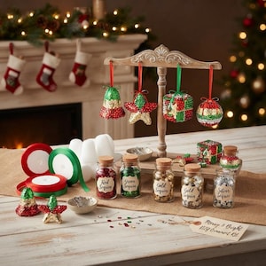May include: A DIY Christmas ornament kit featuring a wooden display stand with four hanging sequin ornaments in bell, star, cube, and sphere shapes. Includes glass jars labeled Red, Green, Gold, and Silver Sequin, plus ribbon rolls and pins.