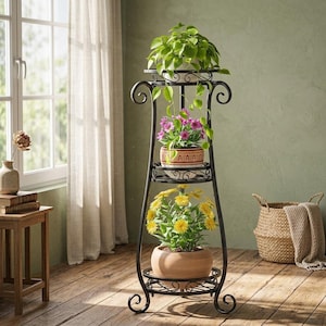 3 Tier Metal Corner Plant Stand, Black Indoor Outdoor Flower Shelf, Heavy Duty Vertical Iron Rack for Patio, Office & Home