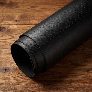 May include: A roll of black synthetic material featuring a fine, uniform perforated texture across its surface. The material is tightly coiled, displaying a smooth, matte finish with consistent small holes throughout the dark, flexible sheet.