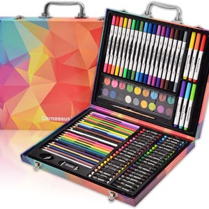 May include: A colorful art set in a geometric patterned case. The open case reveals a variety of art supplies, including colored pencils, markers, watercolor paints, and oil pastels. The case has a silver handle and the text "Darnassus".