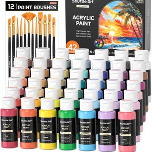 Op de afbeelding: Een set van 42 acrylverfpotjes in diverse kleuren, met een doos van 12 penselen. De verfpotjes zijn gelabeld met hun respectievelijke kleuren, zoals rood, oranje en groen. De doos toont de tekst "Acrylic Paint."