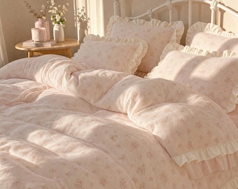 Juego de ropa de cama rosa palo con volantes florales, funda nórdica con estampado de ciervos, juego de cama de estilo campestre francés.