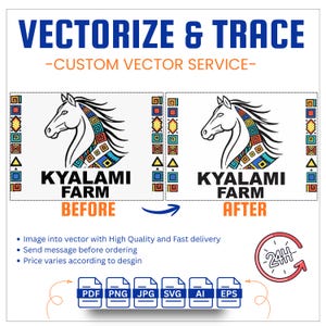 May include: An image advertising a vector service, with the text "VECTORIZE & TRACE - CUSTOM VECTOR SERVICE." It shows a horse head logo before and after vectorization, with the text "KYALAMI FARM." File format icons are also present.
