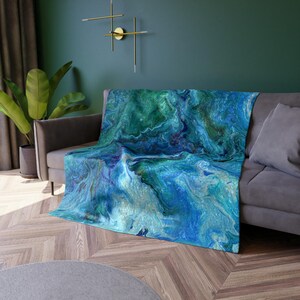 Blue Green Marble Abstract Blanket | Crushed Velvet Texture, Ocean Waves Throw