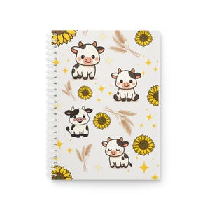 Cuaderno con diseño de vaca y girasol / Animales de granja en tonos pastel, margaritas, páginas de diario