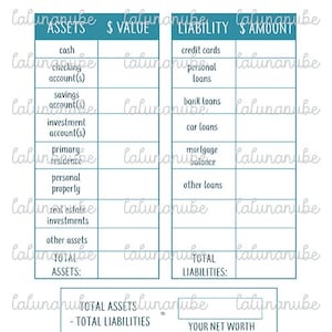 Net Worth Worksheet Net Worth Worksheet Printable Net | Etsy