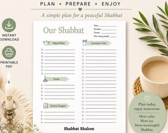 May include: A printable Shabbat planner with the text "Shabbat Planner Printable" and "Our Shabbat." The planner includes sections for meal planning, tasks, and a grocery list. The image also features candles, a cup of coffee, and a pen.