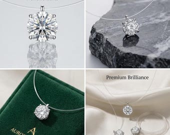 Collar solitario de diamante flotante de plata de ley 925 de Coxfıx, collar minimalista de cadena invisible, elegante regalo de joyería para ella.