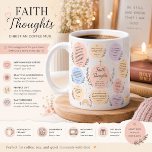 Peut inclure: Mug à café en céramique blanche avec l'inscription "Faith Thoughts" et des versets bibliques. Le mug présente un design pastel avec des motifs floraux et une croix. Un cadeau idéal.