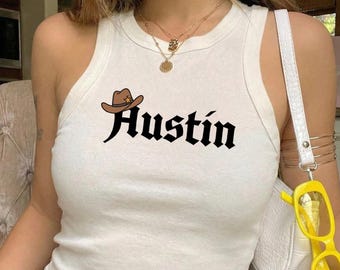 Austin Tank Top, Austin Texas Crop Tank, Cowboy Hat Tee, Gothic Austin Shirt, Bachelorette Austin Top, Austin Gift, City Graphic Tank