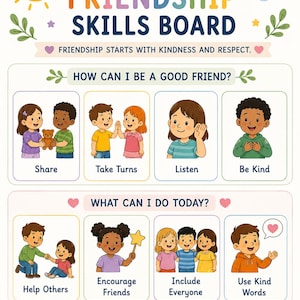 May include: A colorful educational poster titled MY FRIENDSHIP SKILLS BOARD featuring illustrations of children demonstrating social behaviors. Text includes HOW CAN I BE A GOOD FRIEND?, WHAT CAN I DO TODAY?, and I can be a kind and caring friend.