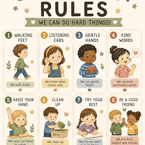 May include: A classroom rules poster featuring the title MY CLASSROOM RULES and the text WE CAN DO HARD THINGS. It displays eight numbered illustrations of children demonstrating positive behaviors, ending with the text TOGETHER, WE MAKE A GREAT CLASSROOM.
