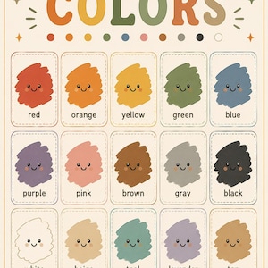 May include: An educational wall chart titled COLORS featuring fifteen rectangular cards with brushstroke illustrations of colors. Each card displays a smiling face and the corresponding color name in lowercase text. The bottom reads COLORS MAKE THE WORLD BRIGHT!
