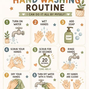 Peut inclure: Une affiche éducative colorée intitulée MY HAND WASHING ROUTINE avec le sous-titre I CAN DO IT ALL BY MYSELF. Elle présente neuf étapes numérotées illustrant le processus de lavage des mains, incluant l'eau, le savon, le frottage et le séchage.