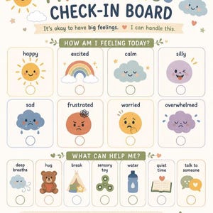 May include: A colorful "My Feelings Check-In Board" with illustrations of emotions like happy, sad, and excited. The board includes options for what can help, such as deep breaths and a hug. Text includes "It's okay to have big feelings."