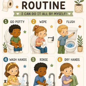 May include: A colorful educational poster titled MY BATHROOM ROUTINE with the subtitle I CAN DO IT ALL BY MYSELF. It features six numbered steps illustrating children using the toilet, wiping, flushing, washing, rinsing, and drying hands, ending with ALL DONE! I DID A GREAT JOB!