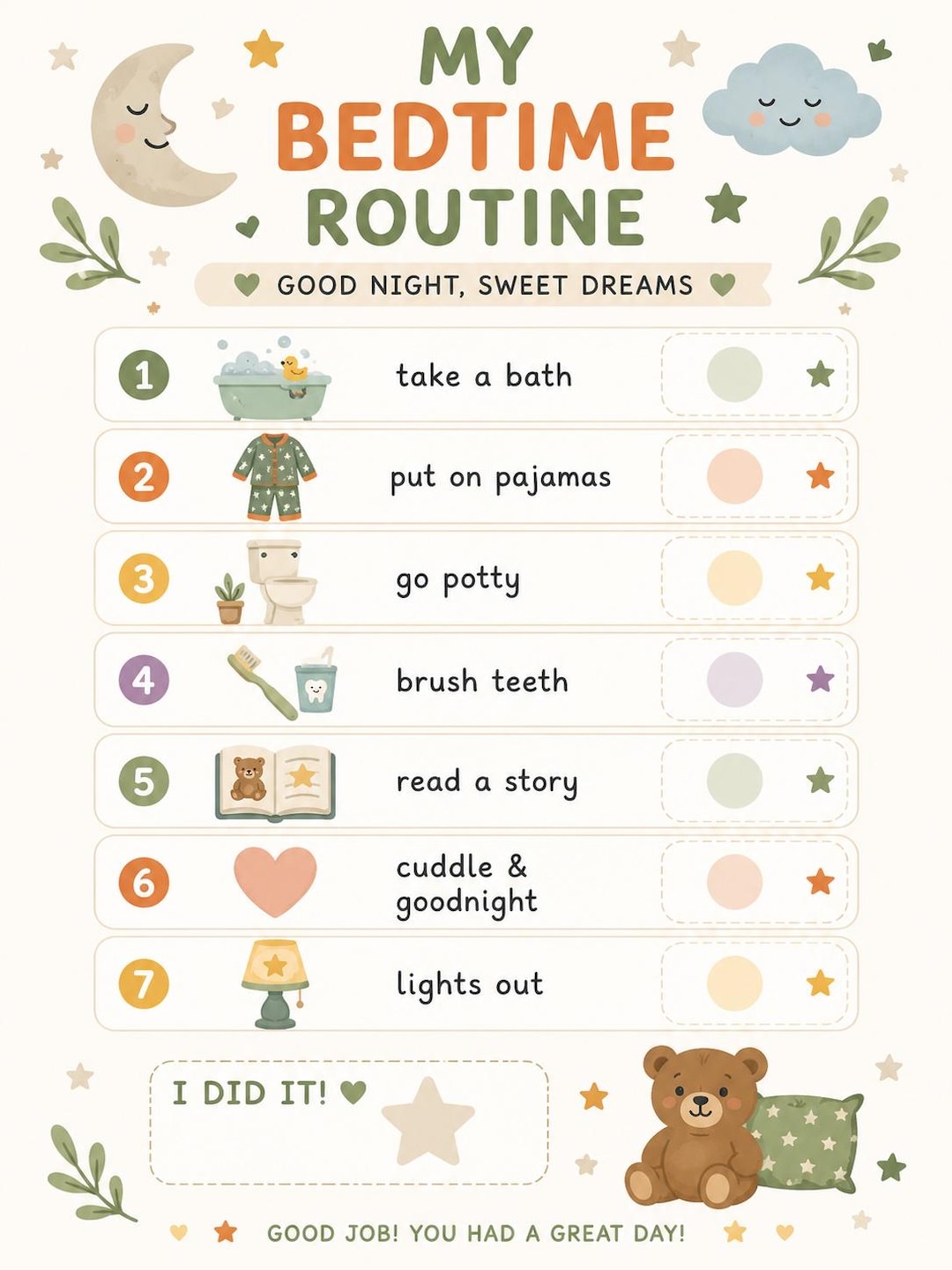 Kids Bedtime Routine Chart Printable | Toddler Visual Schedule | Calm ...