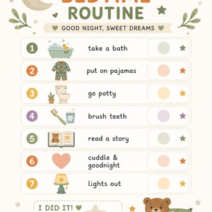 May include: A bedtime routine chart with a crescent moon, stars, and a cloud illustration. The chart includes steps like taking a bath, putting on pajamas, and reading a story. The text reads "My Bedtime Routine" and "Good Night, Sweet Dreams."