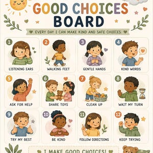 Peut inclure: Une affiche My Good Choices Board présentant douze illustrations numérotées d'enfants démontrant des comportements positifs comme écouter, partager et ranger, avec des étiquettes de texte pour chaque action et un soleil et un nuage.