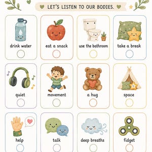 May include: A My Body Needs chart featuring twelve illustrated icons with text labels including drink water, eat a snack, use the bathroom, take a break, quiet, movement, a hug, space, help, talk, deep breaths, and fidget, with a bottom section stating I found what I needed and good job listening to your body.