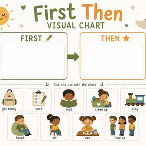 May include: A visual chart titled "First Then" with illustrations of daily activities. The chart includes sections labeled "First" and "Then" with images of a backpack, reading, and eating. The design features a sun, moon, and stars.