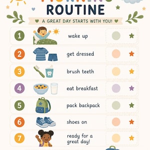 May include: A colorful morning routine chart for children featuring seven numbered steps with illustrations for waking up, dressing, brushing teeth, eating, packing a backpack, putting on shoes, and being ready. Text includes MY MORNING ROUTINE.
