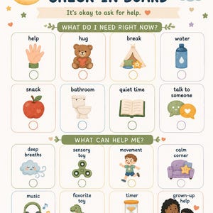 Puede incluir: Un tablero de control de necesidades titulado My Needs Check-In Board con una luna, una nube e iconos para necesidades diarias. El texto incluye What do I need right now? y What can help me? junto a ilustraciones como un oso de peluche y agua.