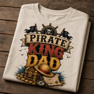 Könnte beinhalten: Cremefarbenes T-Shirt mit Piratenmotiv. Das Design zeigt die Worte "PIRATE KING DAD" in einem Banner, ein Steuerrad mit Totenkopf, eine Schatzkiste, eine Karte und einen Strohhut. Schwarze Flaggen und Goldmünzen vervollständigen das Design.