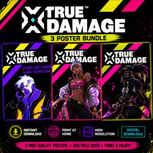 Könnte beinhalten: Ein Bundle von drei Postern mit dem Text "TRUE DAMAGE" und stilisierten Charakterillustrationen. Die Poster haben einen schwarzen Hintergrund mit neonpinken, gelben und lila Akzenten. Der untere Teil des Bildes enthält Symbole für Sofort-Download, Druck zu Hause, hohe Auflösung und digitalen Download.