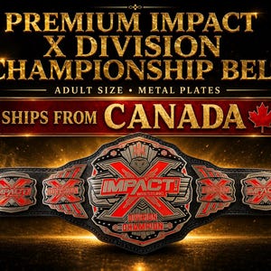 Op de afbeelding: Een kampioenschapsriem van zwart leer met metalen platen in rood en goud. De centrale plaat toont het Impact Wrestling-logo en de tekst Division Champion. Kleinere zijplaten zijn voorzien van de logo's van Impact en Division.